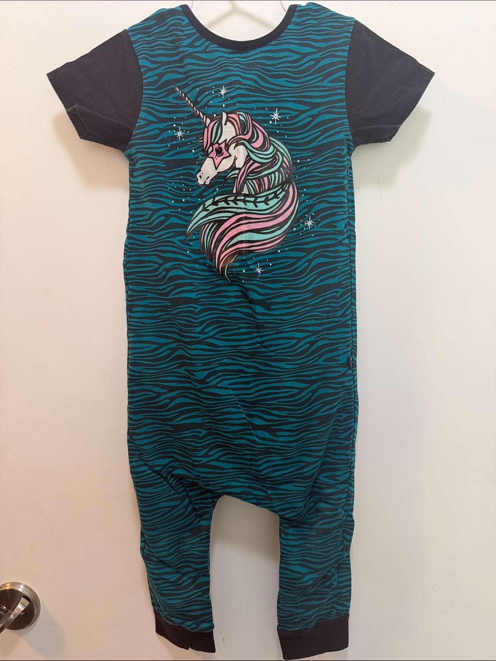 Kids Blue Zebra Print Romper with Black Sleeves and Unicorn 🦄 Graphic